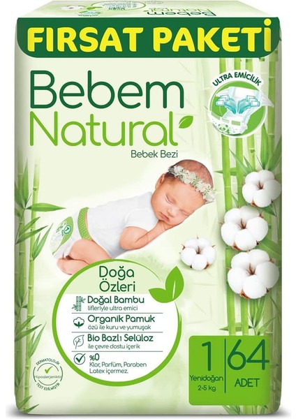 Bebem Natural Bebek Bezi Yenidoğan 1 Beden Fırsat Paketi 64 Adet