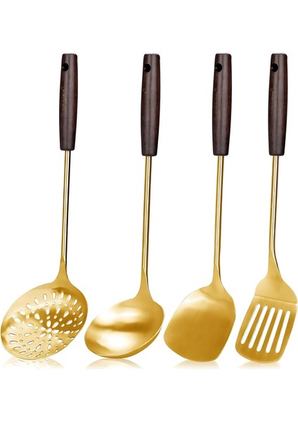 Mutfak Pişirme Seti - 4 Parça Uzun Ahşap Saplı Paslanmaz Çelik Spatula, Kevgir, Kepçe - Lüks Yemek Seti