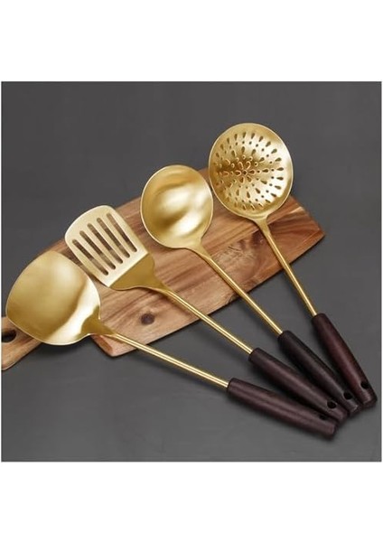 Mutfak Pişirme Seti - 4 Parça Uzun Ahşap Saplı Paslanmaz Çelik Spatula, Kevgir, Kepçe - Lüks Yemek Seti fiyatları