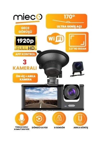 1s WIFI/1920P FHD/170° Ultra Geniş Açı/gece Görüşü ve G-Sensörü/ 3 Kameralı Araç Kamerası (2025) fiyatları