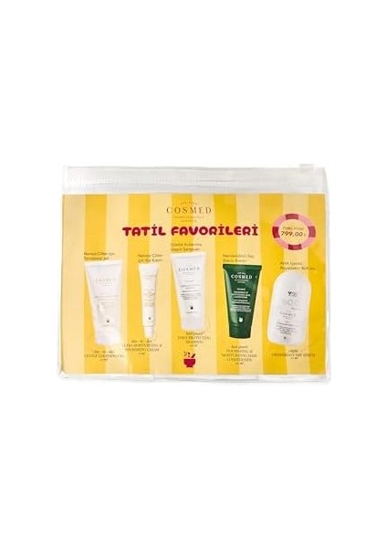 Cosmed Tatil Favorileri Seti, 5 Parça Cilt ve Saç Bakım Ürünleri, Temizleme Jeli, Nemlendirici Krem, Şampuan, Saç Kremi, Deodorant
