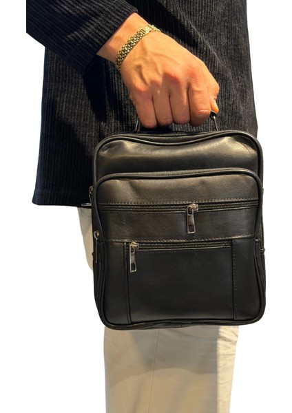 Erkek Hakiki Deri Dikey Siyah Büyük Boy El Çantası