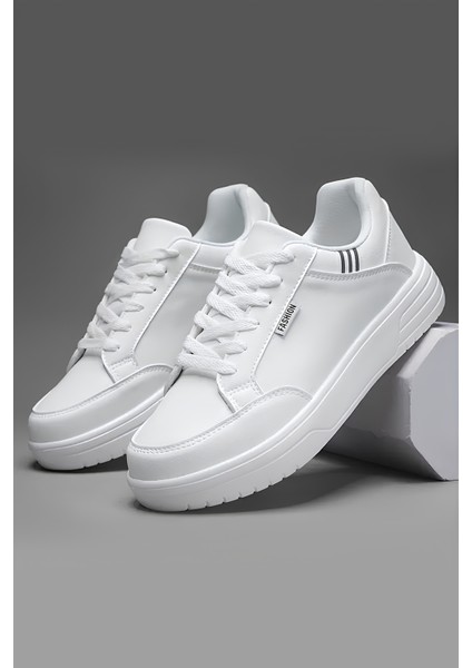 Erkek Beyaz Kalın Taban Spor Ayakkabı - Günlük Rahat Sneaker Modeli