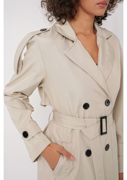 Kadın Bdart Kruvaze Yaka Uzun Trençkot Taş Doğal