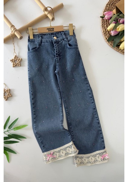 Paçası Güpürlü Taşlı Kız Çocuk Kot Pantolon - Mavi