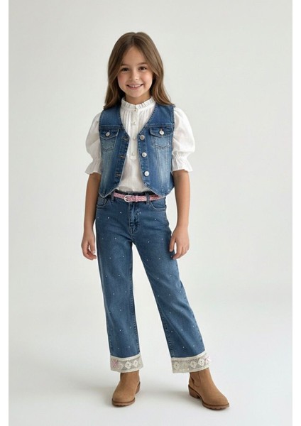 Paçası Güpürlü Taşlı Kız Çocuk Kot Pantolon - Mavi fiyatları