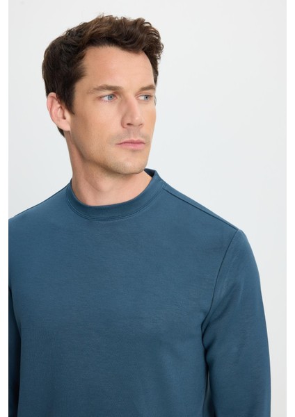Erkek Relax Fit Rahat Kesim Uzun Kollu Bisiklet Yaka Koyu Petrol Sweatshirt