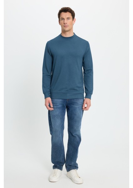 Erkek Relax Fit Rahat Kesim Uzun Kollu Bisiklet Yaka Koyu Petrol Sweatshirt fırsatları