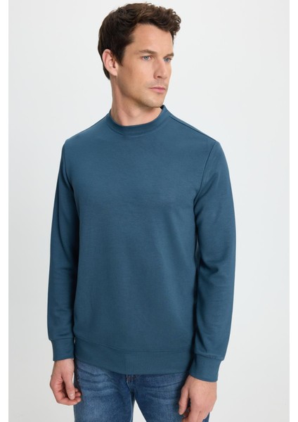 Erkek Relax Fit Rahat Kesim Uzun Kollu Bisiklet Yaka Koyu Petrol Sweatshirt