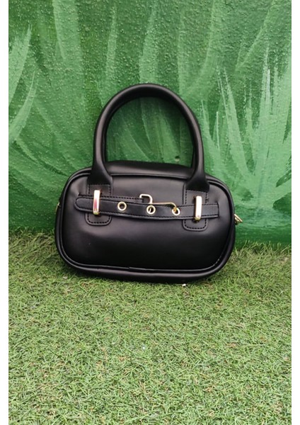 Siyah Renk Mini Kadın Kol / El / Omuz Çantası - Altın Tokalı Şık Tasarım