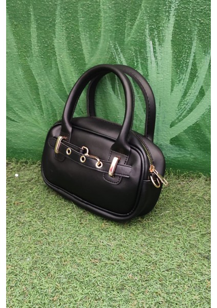 Siyah Renk Mini Kadın Kol / El / Omuz Çantası - Altın Tokalı Şık Tasarım fiyatları