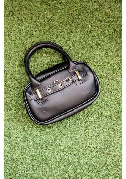 Siyah Renk Mini Kadın Kol / El / Omuz Çantası - Altın Tokalı Şık Tasarım modelleri