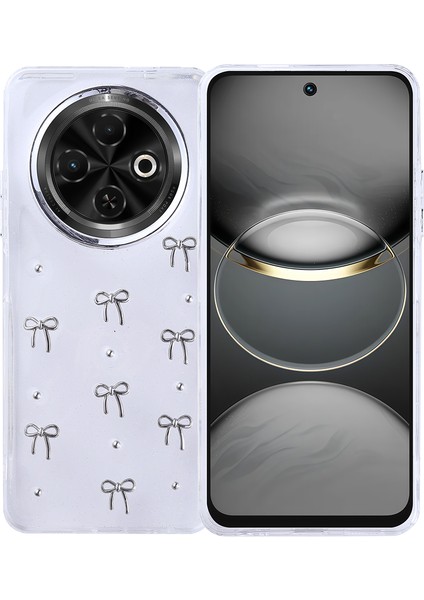 Tecno Spark 30C Kılıf Kamera Koruyucu Simli Fiyonk Desenli Kabartmalı Şeffaf Slikon Kapak