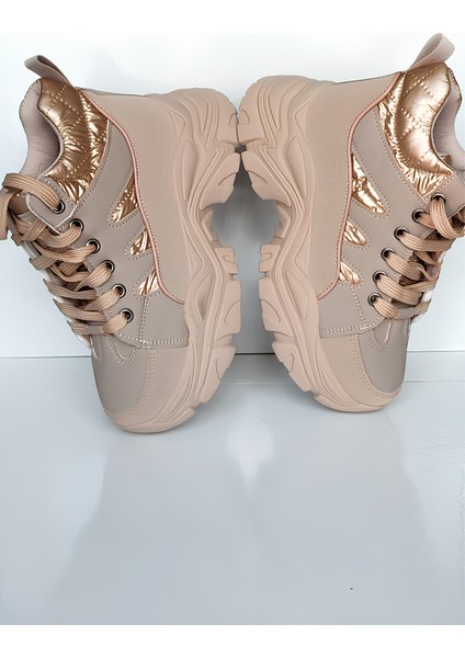 Kadın Kalın Taban Spor Ayakkabı - Bej ve Gold Detaylı Sneaker, Yürüyüş Ayakkabısı fiyatları