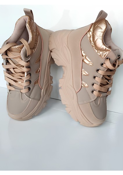 Kadın Kalın Taban Spor Ayakkabı - Bej ve Gold Detaylı Sneaker, Yürüyüş Ayakkabısı modelleri