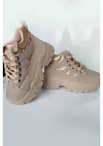 Kadın Kalın Taban Spor Ayakkabı - Bej ve Gold Detaylı Sneaker, Yürüyüş Ayakkabısı fırsatları