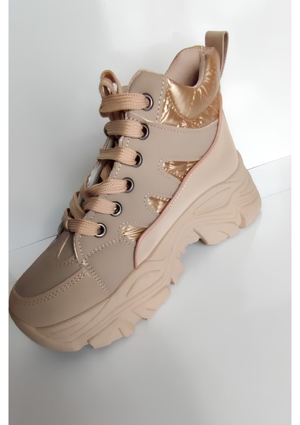 Kadın Kalın Taban Spor Ayakkabı - Bej ve Gold Detaylı Sneaker, Yürüyüş Ayakkabısı indirimleri
