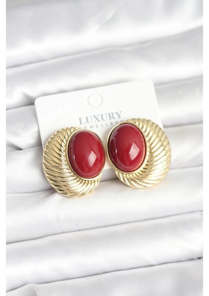 Pirinç Renk Bordo Boncuklu Oval Kadın Küpe