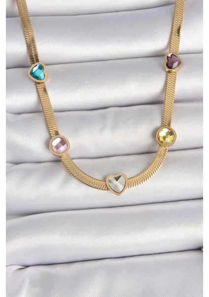 316L Çelik Renk Italyan Zincir Renkli Zirkon Taşlı Kalp Figür Kadın Kolye