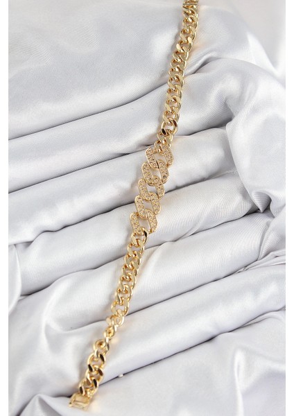 Pirinç Zirkon Taşlı Ezme Küba Zincir Renk Kadın Bileklik