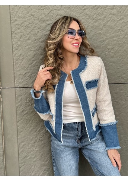 Tasarım Kot Detaylı Simli Tüvit Ceket