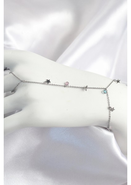 Pirinç Renkli Zirkon Taşlı Sallantılı Yıldızlı Gümüş Renk Kadın Şahmeran