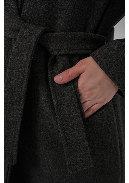 Kadın Bdart Kruvaze Yaka Kuşaklı Kaşe Ceket Kömür Grisi