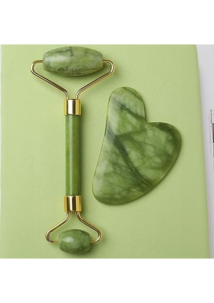 Yeşim Face Jade Roller ve Yeşim Kalp Gua Sha Masaj Taşı Yüz Masaj Seti