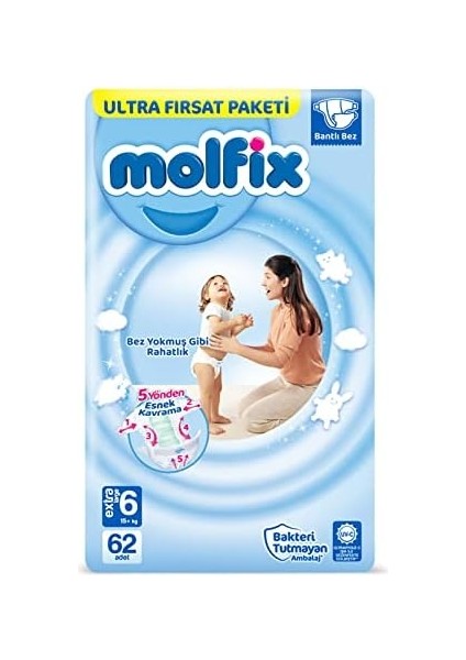 Molfix Ultra Fırsat Paketi Extra Large 6 Beden Bebek Bezi (1 x 62 Adet), Çok Renkli modelleri