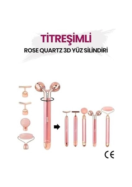 Beauty Vogue 3D Yüz Masaj Silindiri, 5 Başlıklı, Rose Quartz Titreşimli Cilt Bakım Cihazı, Profesyonel