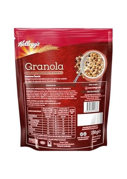 Kellogg&apos;s Granola Çikolata Parçacıklı ve Fındıklı 250 Gr,%45 Yulaf Içerir,lif Kaynağı, Belçika Çikolata Parçaları,antioksidan Içerir,kahvaltılık Gevrek,müsli