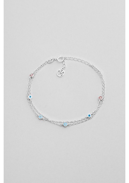 Minimal Nazar 18 Ayar Beyaz Altın Kaplama 19 cm Gümüş Ikili Bileklik