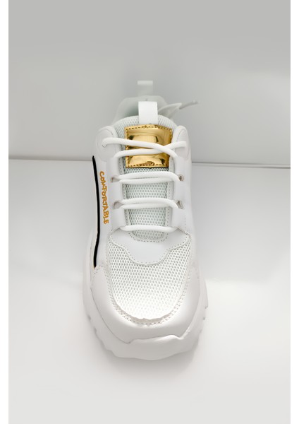 Beyaz Kalın Tabanlı Spor Ayakkabı – Altın Detaylı, Rahat ve Şık fırsatları
