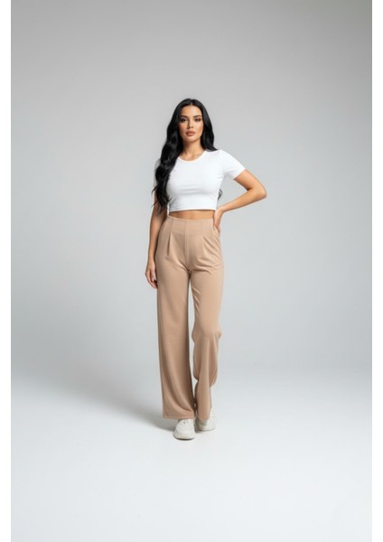 Kadın Yüksek Bel Pensli Bol Paça Krep Palazzo Pantolon – Bej