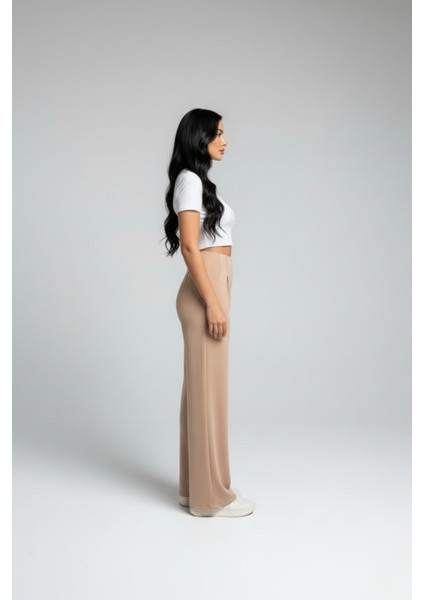 Kadın Yüksek Bel Pensli Bol Paça Krep Palazzo Pantolon – Bej fiyatları