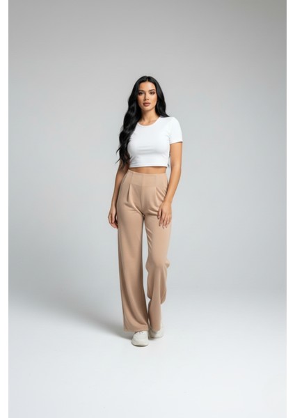 Kadın Yüksek Bel Pensli Bol Paça Krep Palazzo Pantolon – Bej modelleri