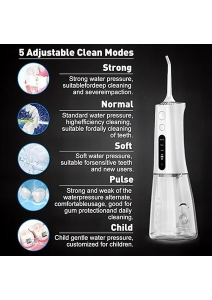 Yues Taşınabilir Ağız Duşu | 5 Modlu Şarjlı Diş Arası Temizleyici | 300ML Su Hazneli, Ipx7 Su Geçirmez, USB Şarjlı Diş ve Protez Temizleme Cihazı