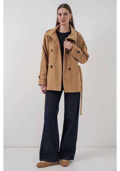 Kadın Bdart Dokulu Gabardin Düğmeli Palto Kehribar Sarısı modelleri