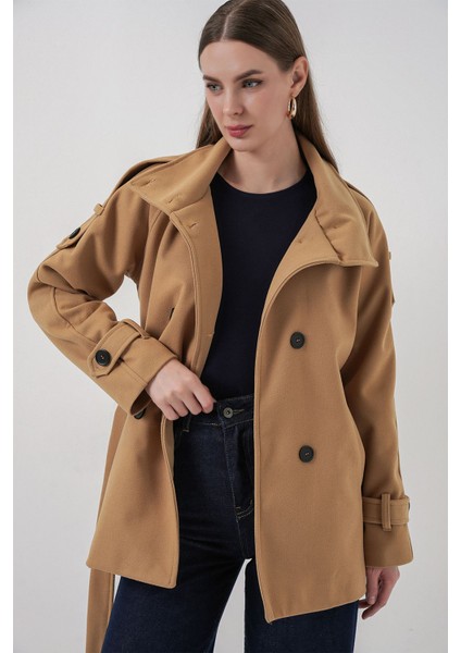 Kadın Bdart Dokulu Gabardin Düğmeli Palto Kehribar Sarısı fırsatları