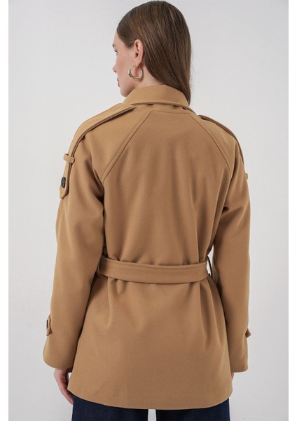 Kadın Bdart Dokulu Gabardin Düğmeli Palto Kehribar Sarısı