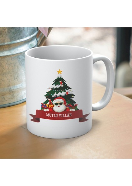 Yılbaşı Temalı Mutlu Yıllar ve Noel Baba Baskılı Hediyelik Kupa