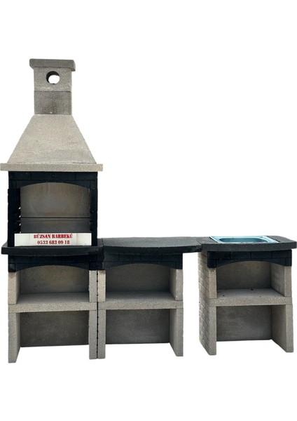 Beton Barbekü Mangallık Antrasit Gri 70 Lik Davlumbazlı Masalı Lavabolu