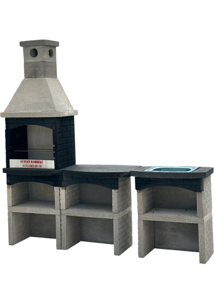 Beton Barbekü Mangallık Antrasit Gri 70 Lik Davlumbazlı Masalı Lavabolu modelleri