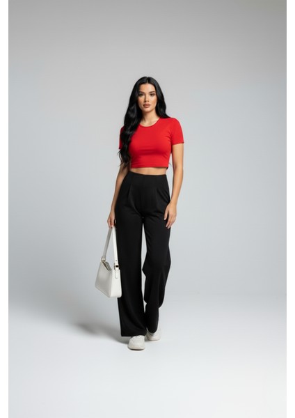Kadın Yüksek Bel Pensli Bol Paça Krep Palazzo Pantolon – Siyah