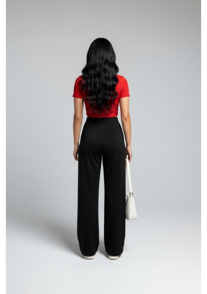 Kadın Yüksek Bel Pensli Bol Paça Krep Palazzo Pantolon – Siyah fırsatları