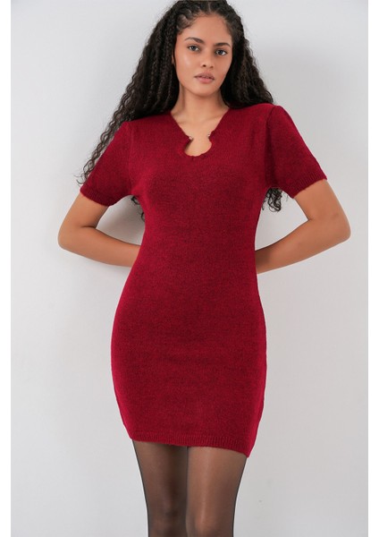 Kadın Bdart Aksesuar Detaylı Bodycon Mini Triko Elbise Bordo Kırmızı