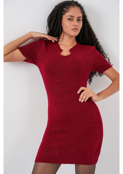Kadın Bdart Aksesuar Detaylı Bodycon Mini Triko Elbise Bordo Kırmızı modelleri