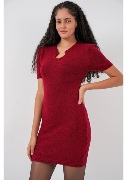 Kadın Bdart Aksesuar Detaylı Bodycon Mini Triko Elbise Bordo Kırmızı fırsatları