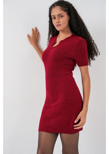 Kadın Bdart Aksesuar Detaylı Bodycon Mini Triko Elbise Bordo Kırmızı indirimleri