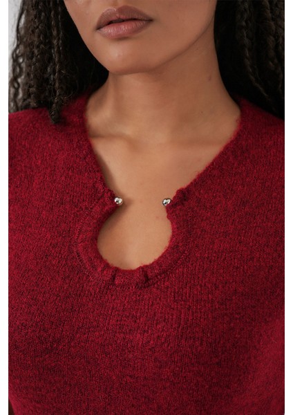 Kadın Bdart Aksesuar Detaylı Bodycon Mini Triko Elbise Bordo Kırmızı